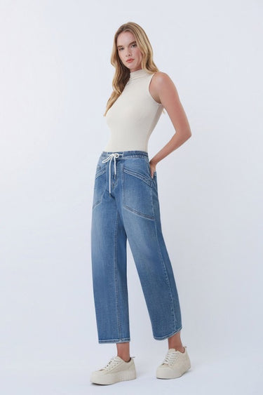 High Rise Drawstring Barrel Denim