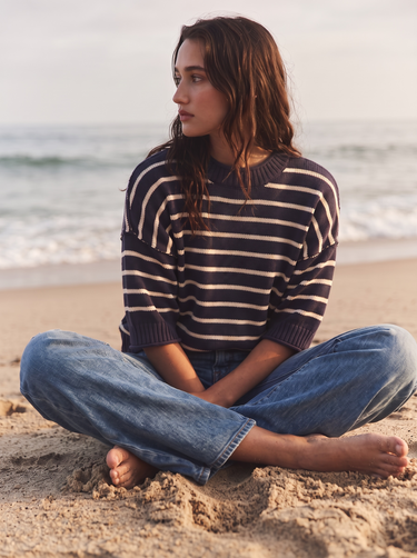 Crewneck Short Sleeve Striped Sweater