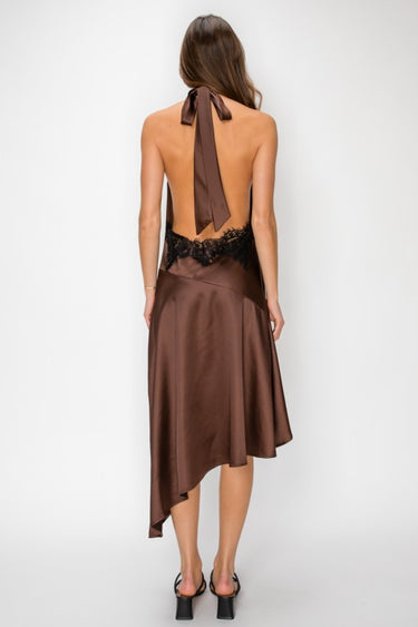 Satin Cowl Neck Midi Dress With Lace