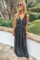 V-Neck Pleated Detail Maxi Dress Black