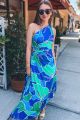 Pleated & Printed One Shoulder Maxi Blue