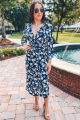 Print Button Down Midi Dress Navy